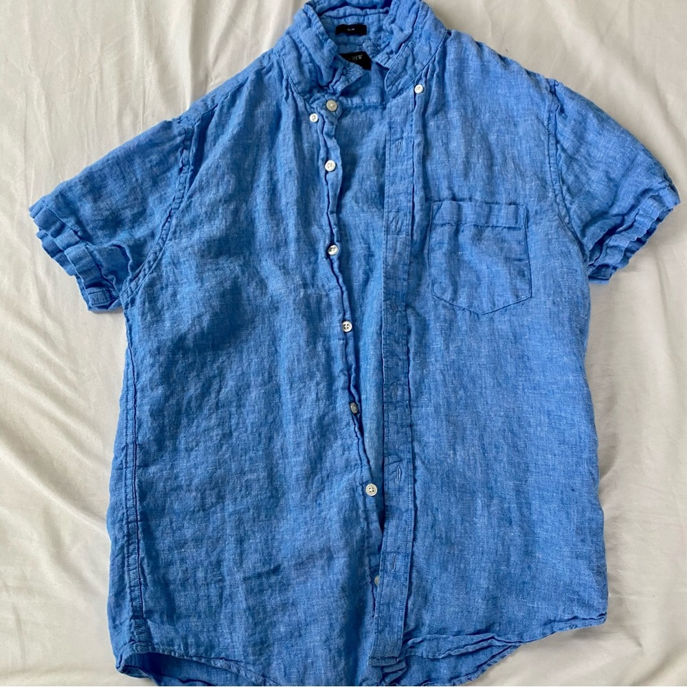 J Crew blue linen slim fit button down pocket short sleeve shirt